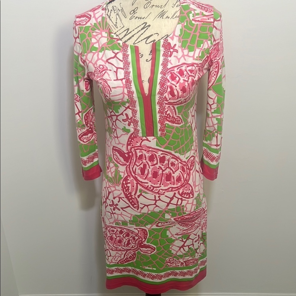 Barbara Gerwit Split Neck Pink and Green Turtle Print Dress XS